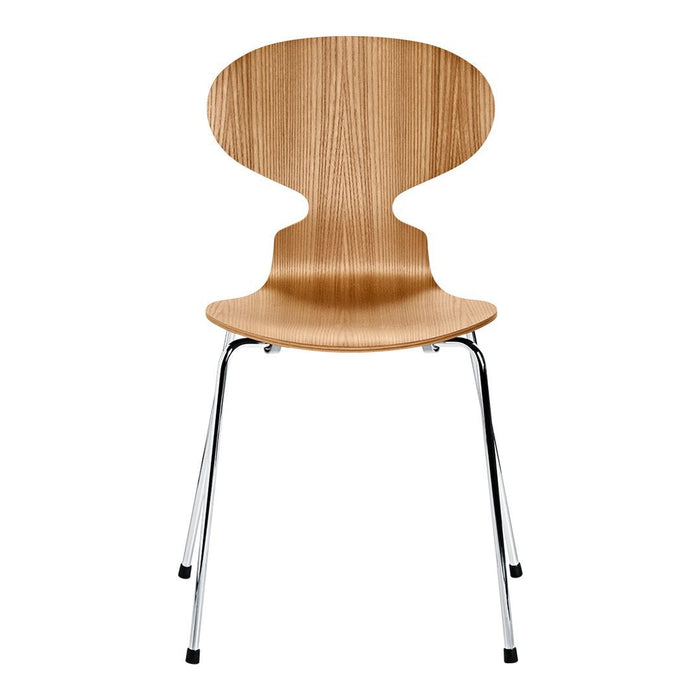 Natural wood finish chair with smooth, curved lines and chrome legs, showcasing a minimalist design.