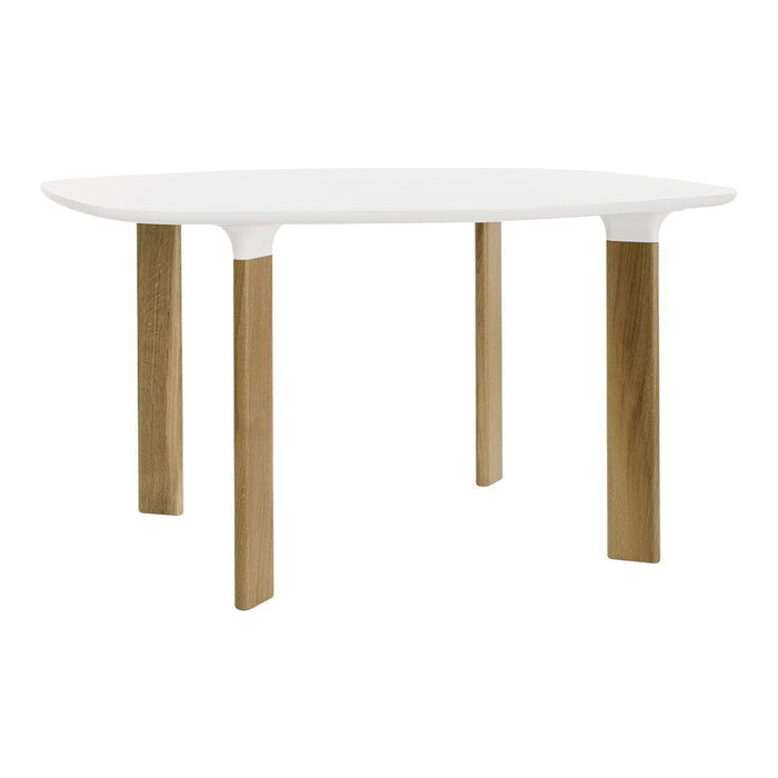 White table with a sleek, smooth top and contrasting natural wood legs, ideal for modern decor.
