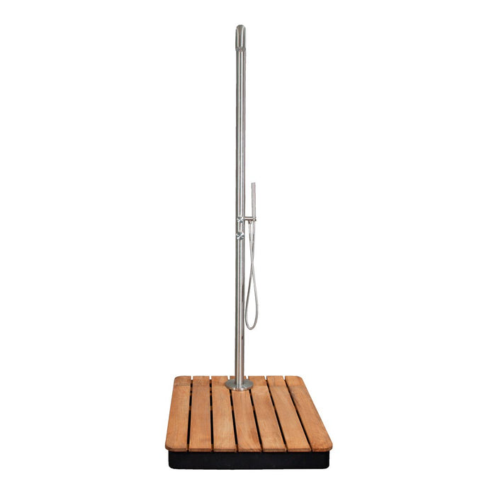 Wooden outdoor shower base with natural wooden slats and sleek silver hardware. Modern design with earthy tones.