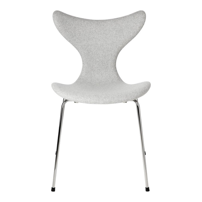 Gray upholstered chair with a sleek, minimalist design and chrome legs, showcasing a smooth, contemporary finish.