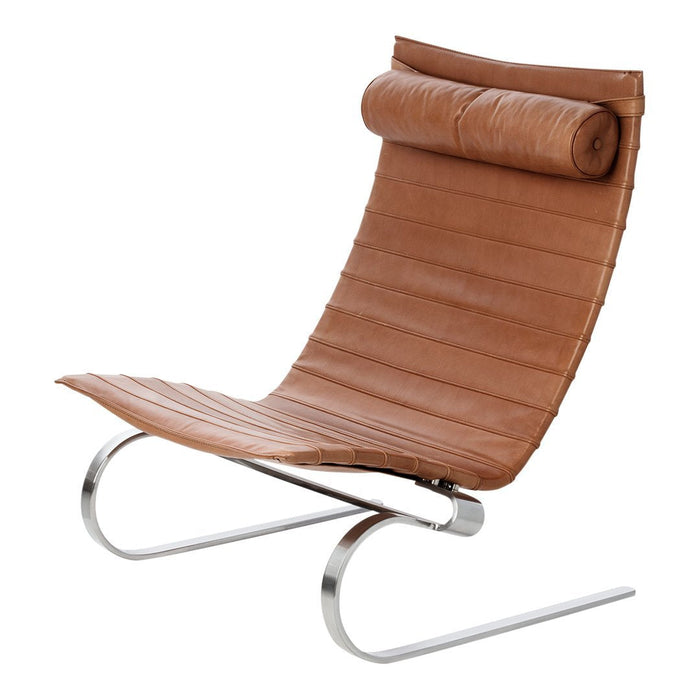 Modern brown leather lounge chair with a sleek, minimalistic design and subtle horizontal stitching.