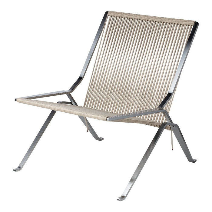 Beige striped chair with sleek silver metal legs, perfect for modern decor. Lightweight and stylish for indoor or outdoor use.