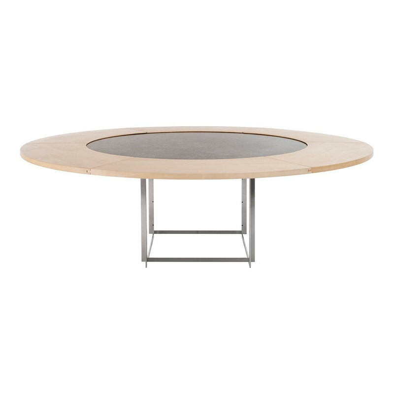 Round dining table with a light wood finish and a dark stone center, featuring a modern silver metal base.