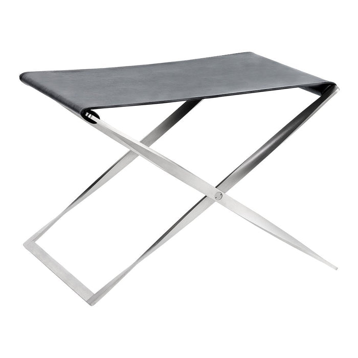Black leather folding stool with sleek stainless steel frame, minimalistic design and modern aesthetics.