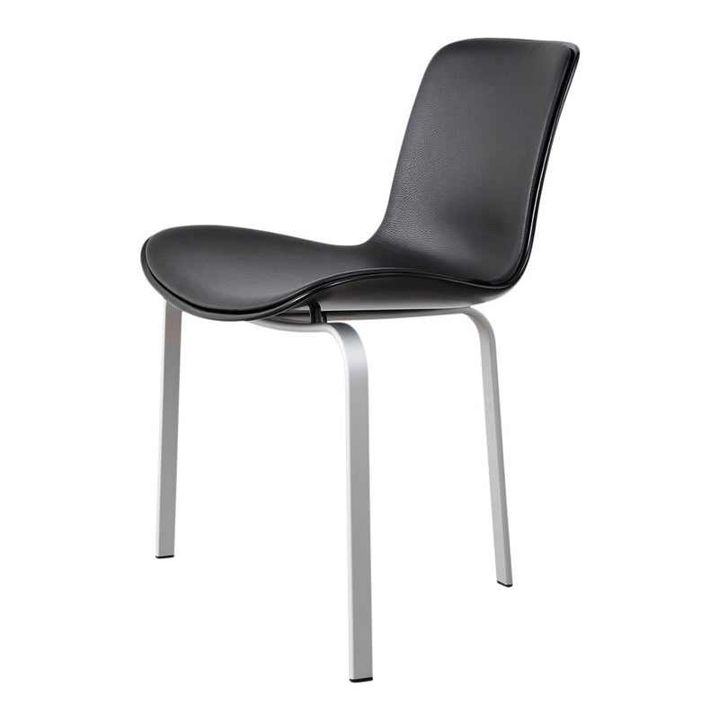 Sleek black chair with a smooth, curved seat design and silver metal legs, offering a modern minimalist aesthetic.