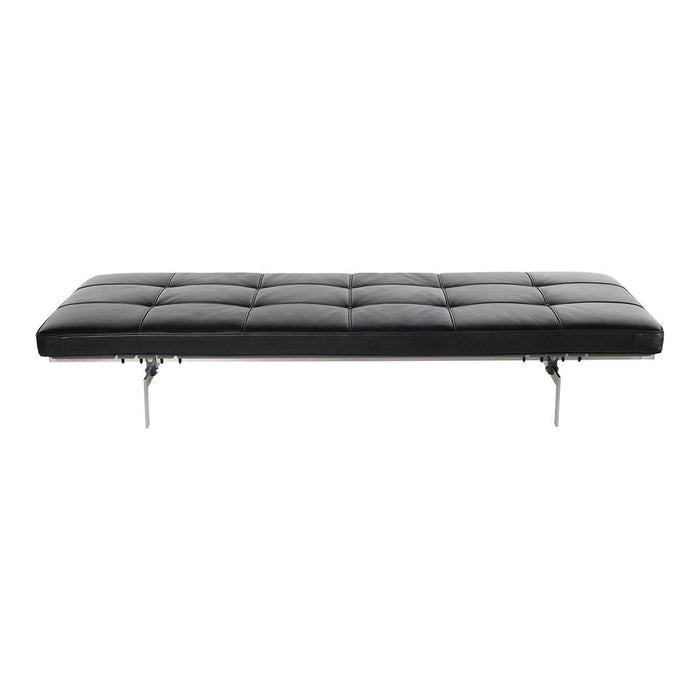 Black tufted bench with a sleek, minimalistic design and chrome legs. Perfect for modern decor.