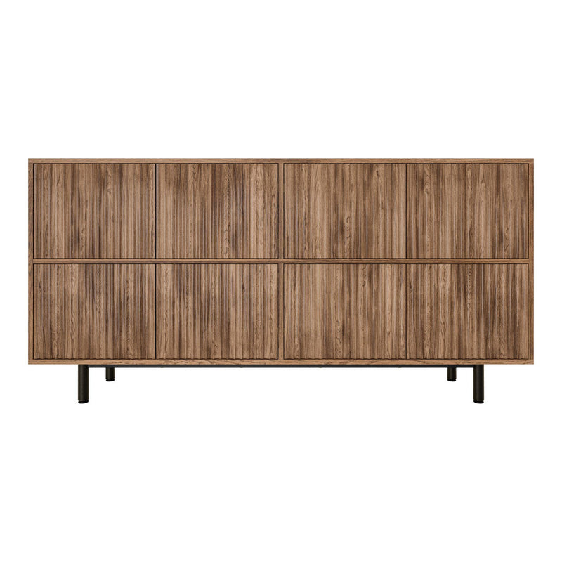 Stylish wooden sideboard with a warm brown finish and textured vertical paneling on sleek black legs.