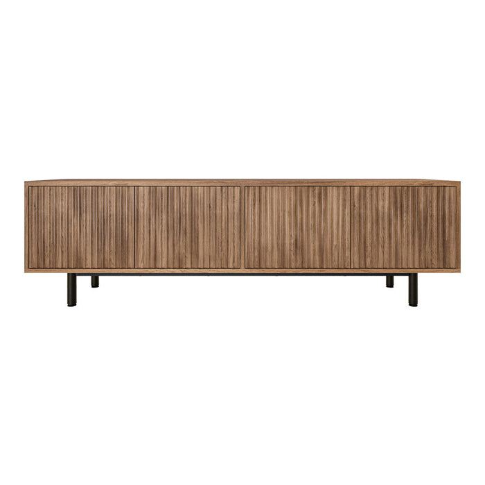 Wooden TV stand in warm brown with vertical slatted pattern and black metal legs. Modern, minimalist design.