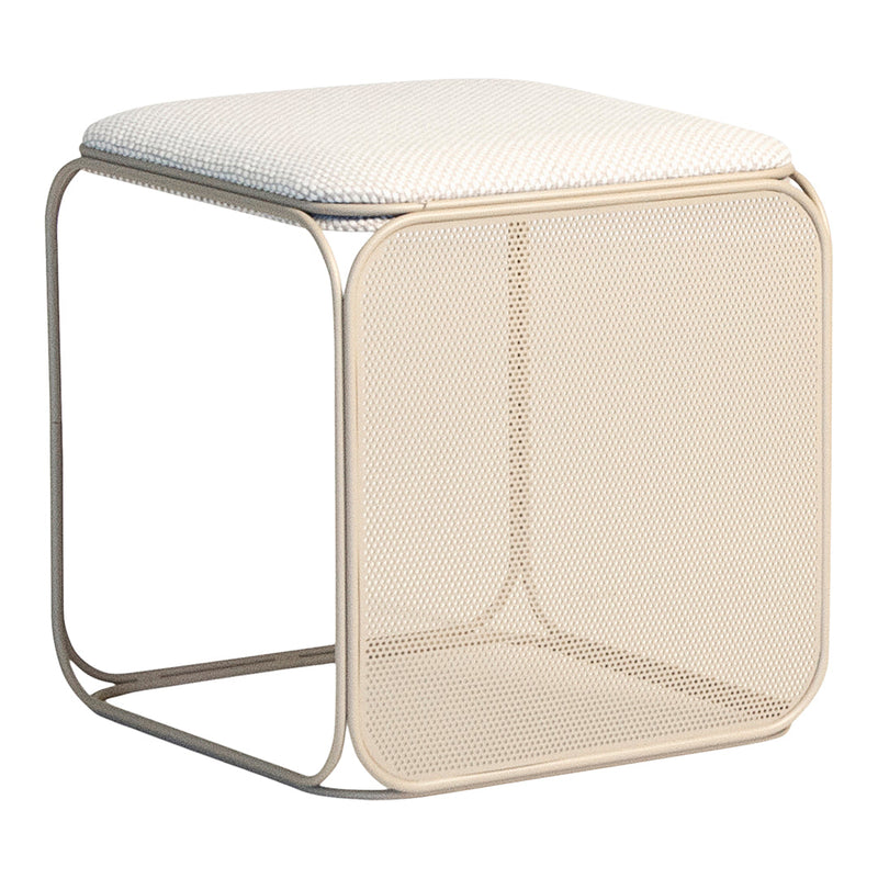 Cream-colored cube stool with a textured fabric seat and a mesh pattern base, perfect for modern decor.