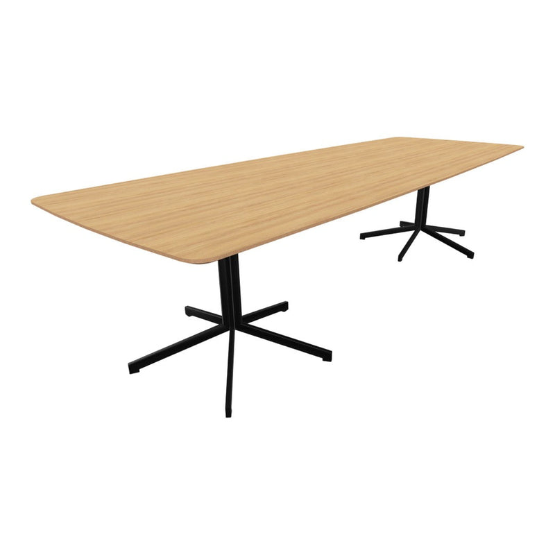 Wooden tabletop in natural oak finish, featuring sleek black metal legs with a modern design.