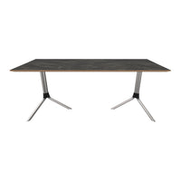 Modern rectangular table with a dark gray surface and sleek metallic legs, featuring a minimalist aesthetic.