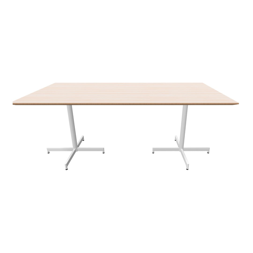 Light maple wood tabletop with a smooth finish and sleek white metal legs for a modern look.