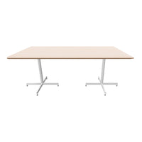 Light maple wood tabletop with a smooth finish and sleek white metal legs for a modern look.