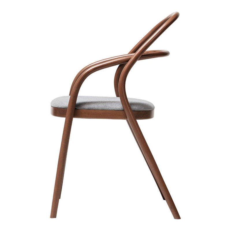 Brown wooden chair with a sleek, smooth finish and a gray upholstered seat, featuring simple, modern lines.
