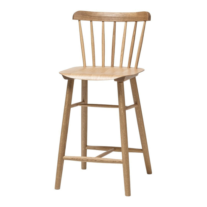 Natural wood bar stool with a light oak finish and classic spindle back design. Ideal for modern or rustic decor.