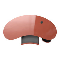 Terra-cotta colored tabletop with a glossy finish and sleek gray base. Modern design with an organic shape.