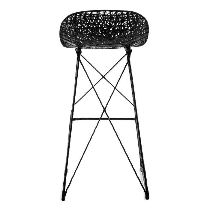 Black woven bar stool with a textured pattern and minimalist metal legs for a modern aesthetic.