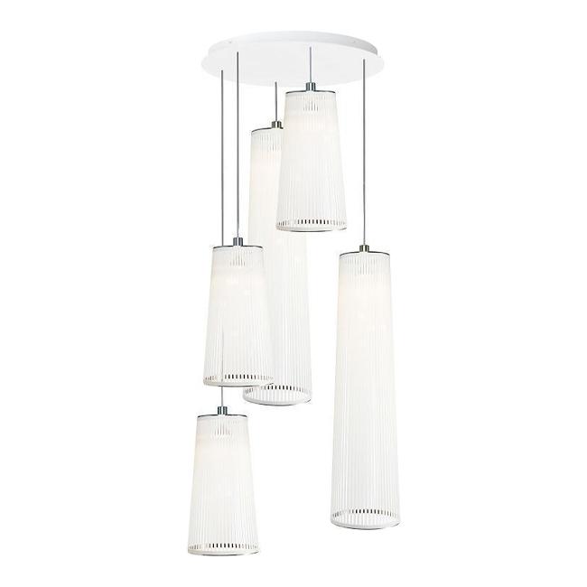 Five minimalist pendant lights in frosted white glass with sleek chrome accents, hanging in a tiered pattern.
