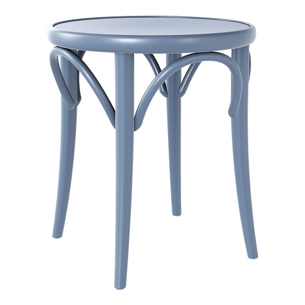 Round blue accent table with curved legs and smooth surface, ideal for modern decor.