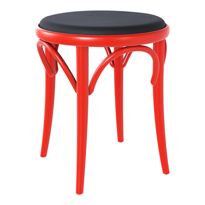 Red stool with curved legs and a sleek black seat, featuring a modern design and vibrant color contrast.