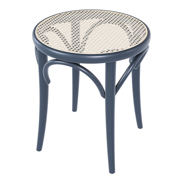 Round navy blue side table with a woven cane pattern top and sleek curved legs. Ideal for modern decor.
