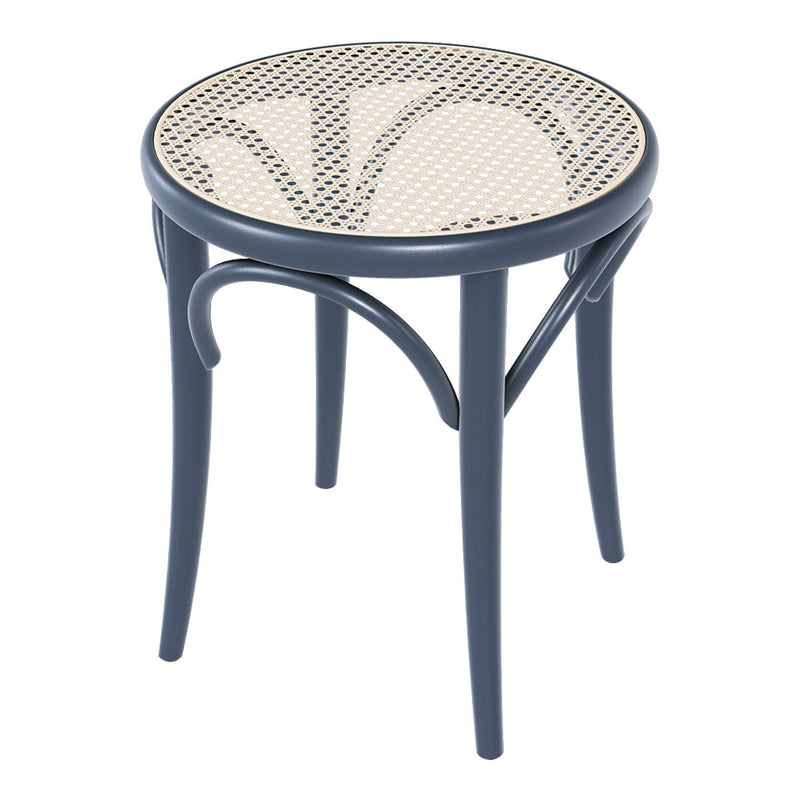 Round navy blue side table with a woven cane pattern top and sleek curved legs. Ideal for modern decor.