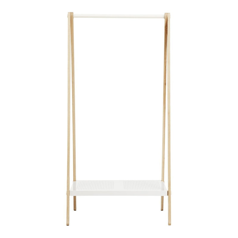 Minimalist white clothing rack with natural wood legs, showcasing a sleek, modern design. Perfect for organized spaces.