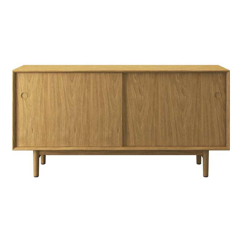 Light natural wood credenza with a smooth finish and minimalist design, featuring sliding doors and clean lines.