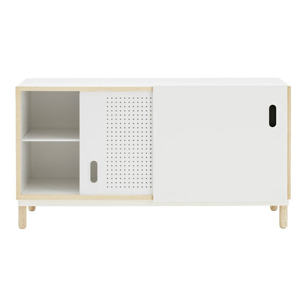 Modern white cabinet with natural wood accents and a perforated design on one door. Ideal for stylish storage.