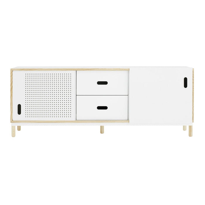 White modern sideboard with natural wood accents and perforated pattern on one door. Stylish and minimalist design.