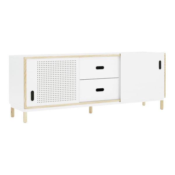 White modern sideboard with natural wood accents and perforated panel detailing. Features two drawers and a cabinet.
