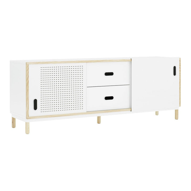 White modern sideboard with natural wood accents and perforated panel detailing. Features two drawers and a cabinet.