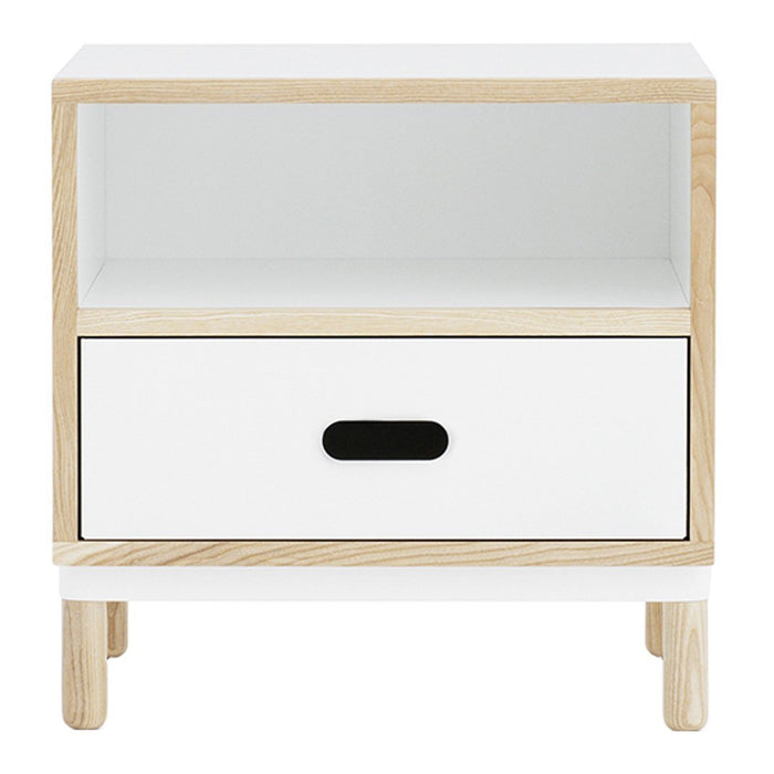 Scandinavian-style nightstand in white with natural wood accents and a sleek black drawer handle.