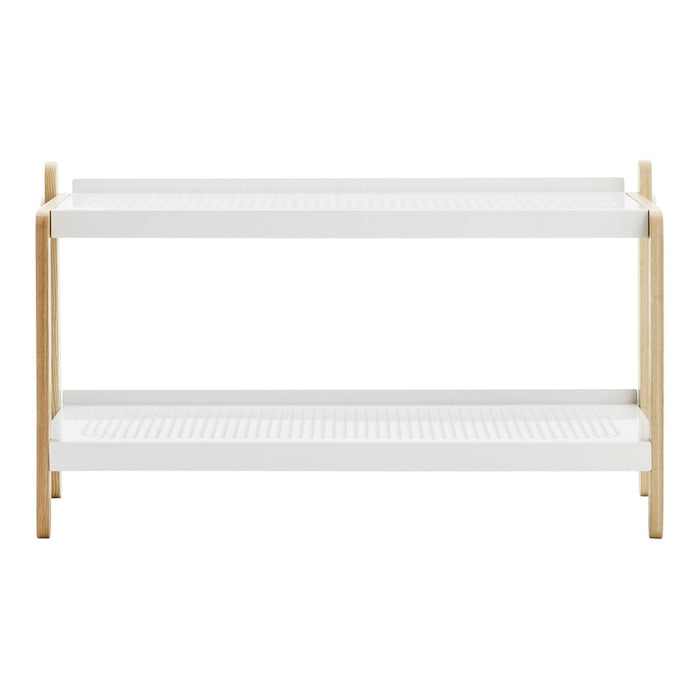 "White two-tier shelf with natural wood accents and a simple, modern design."
