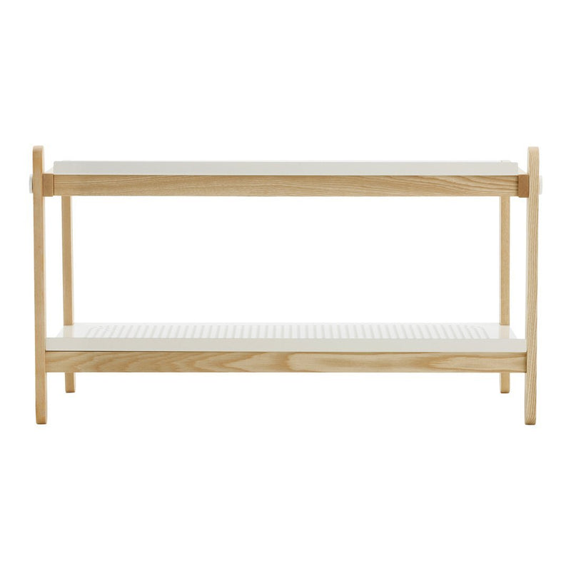 Light wood two-tiered shelf with a white slatted surface, showcasing a modern minimalist design.