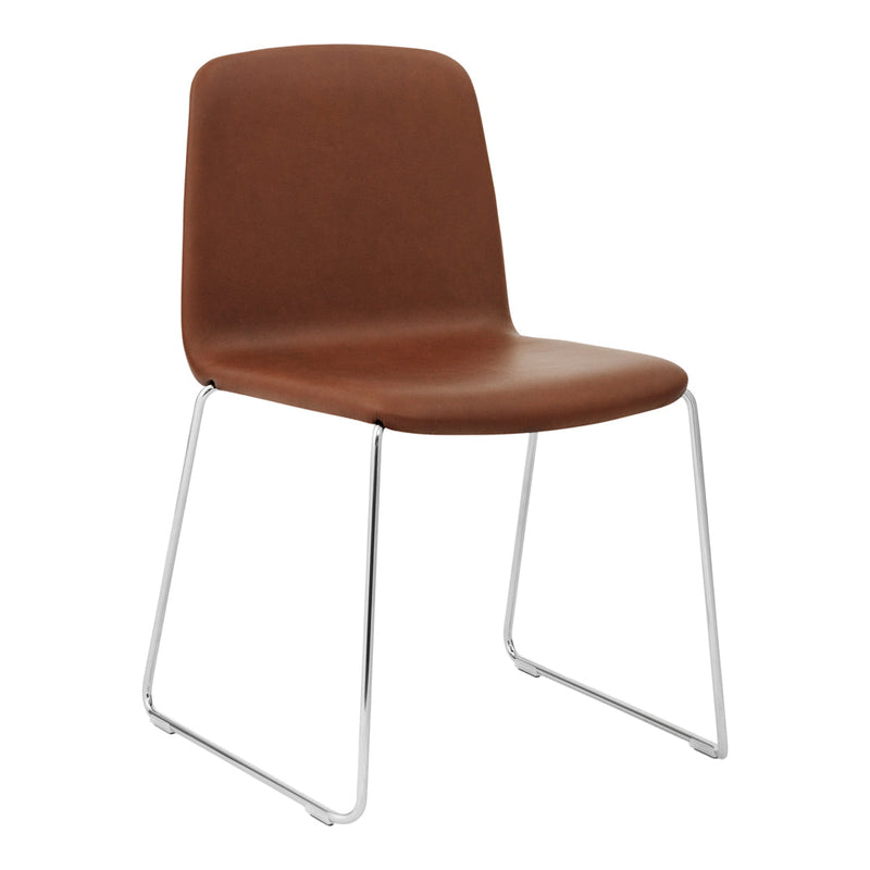 Brown upholstered chair with a sleek chrome base and smooth, minimalist design. Ideal for modern interiors.