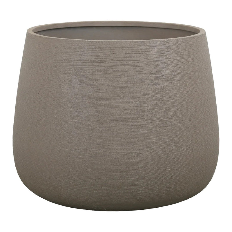 "Round beige planter with a subtle textured finish, perfect for modern decor."