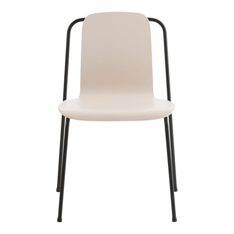 Minimalist beige chair with sleek black metal legs, showcasing a modern, monochromatic design. Perfect for any space.