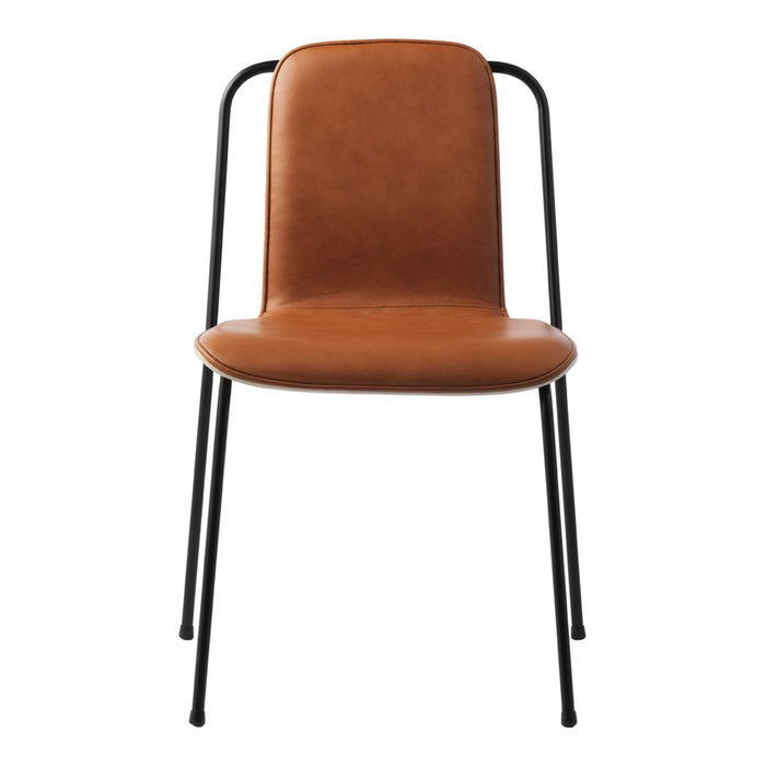 Brown faux leather chair with black metal legs, featuring a minimalist design and smooth finish. Ideal for modern decor.
