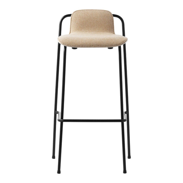Beige upholstered bar stool with a sleek black metal frame and minimalist design. Perfect for modern interiors.