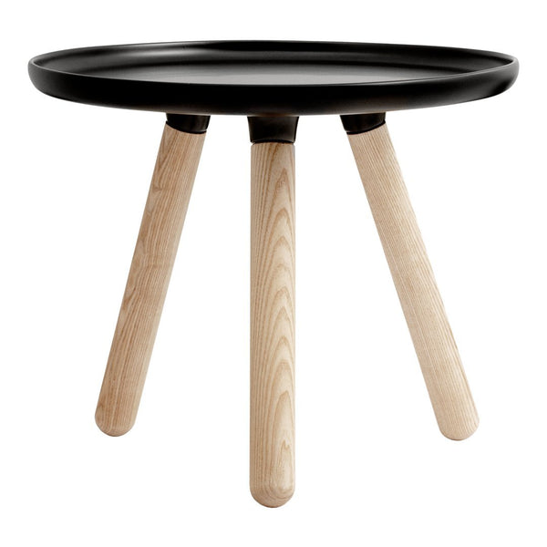 Black round tabletop with natural wood legs, featuring a sleek, modern design that blends minimalist style and functionality.