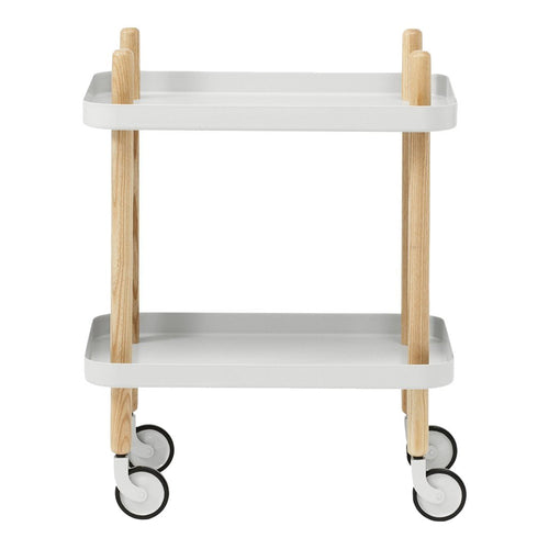 White two-tier cart with natural wood legs and casters, featuring a minimalist design. Perfect for modern decor.