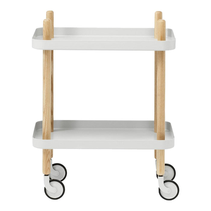 White two-tier cart with natural wood legs and casters, featuring a minimalist design. Perfect for modern decor.