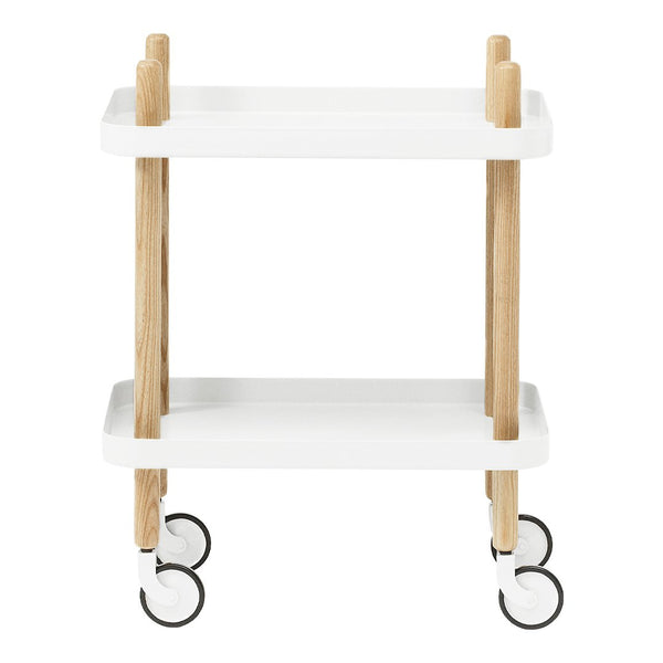 White two-tier rolling cart with natural wooden legs and black wheels. Modern minimalist design.
