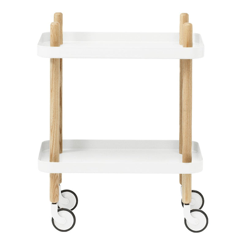 White two-tier rolling cart with natural wooden legs and black wheels. Modern minimalist design.