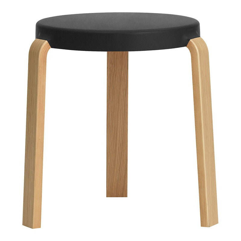 Black round seat with natural wood legs, featuring a minimalist design and smooth finish. Ideal for modern decor.