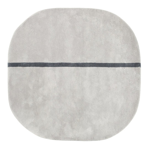 Soft gray round rug with a subtle texture and a dark gray horizontal line pattern. Perfect for modern decor.