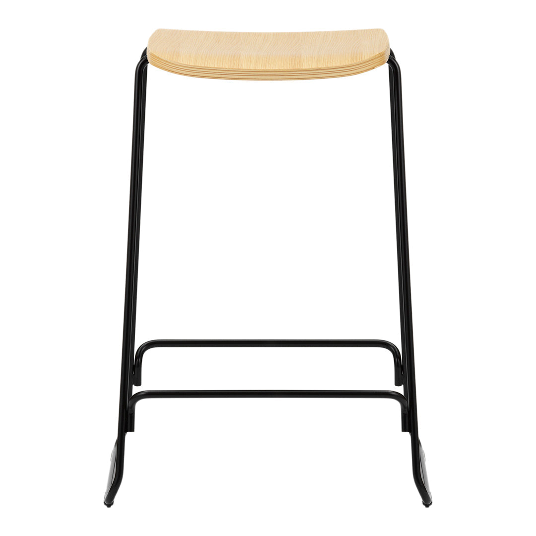 Black metal bar stool with a natural wood seat, featuring a sleek, minimalist design and smooth finishes.