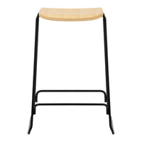 Black metal bar stool with a natural wood seat, featuring a sleek, minimalist design and smooth finishes.