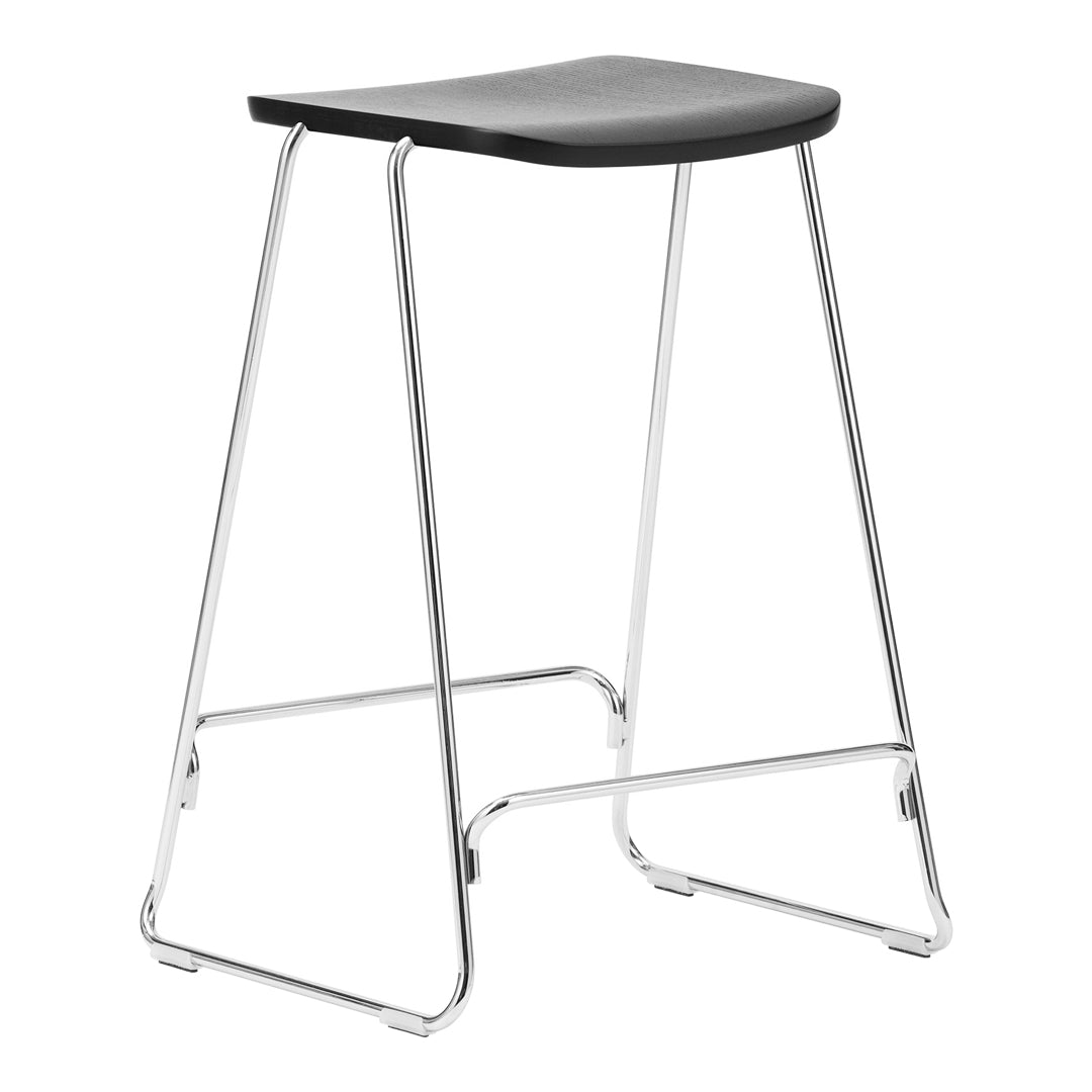 Black curved seat with a sleek chrome frame, perfect for modern kitchen or bar decor.